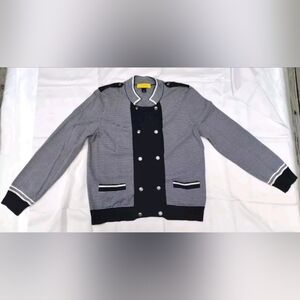 St. John Yellow Label Nautical Jacket Style Striped Sweater Navy Blue White Sz L